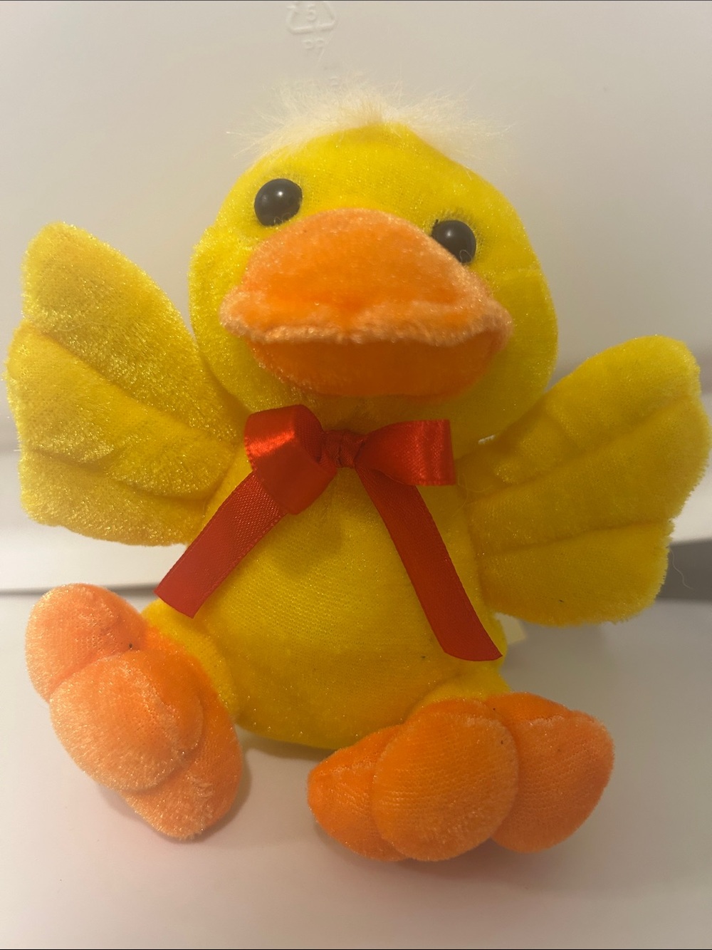 Russ Berrie Vintage Yellow Plush Duck with Orange Beak & Feet and Red Bow